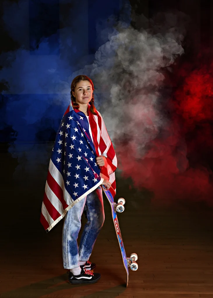 Sports Rock Media Photography: Skater girl wrapped with the American flag.